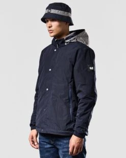 Weekend Offender Saunders Parachute Jacket Navy/House Check -Clothing Shop JKAW2310 SAUNDERS NAVY HOUSE CHECK 1411 MODEL
